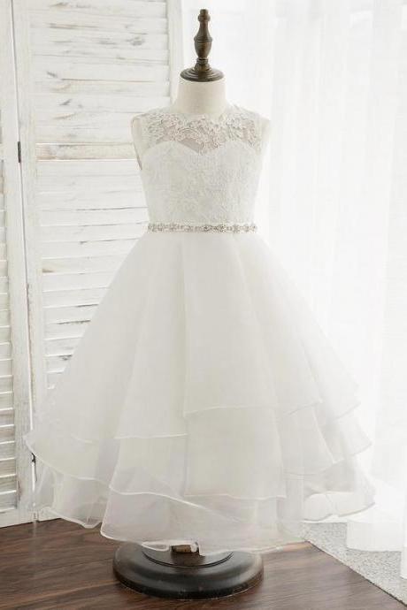 White A-line Scoop Tea-length Lace/organza Flower Girl Dress