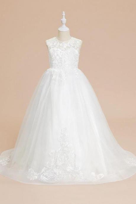Ivory Ball-gown/princess Scoop Sweep Train Lace/tulle Flower Girl Dress
