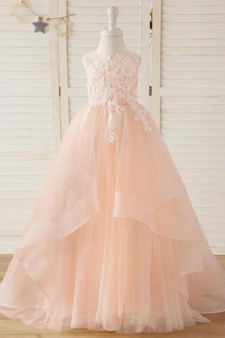 Ball-gown/princess Scoop Sweep Train Lace/tulle Flower Girl Dress