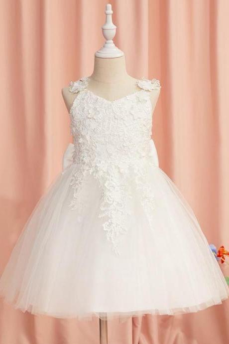 Ivory A-line V-neck Knee-length Lace/tulle Flower Girl Dress