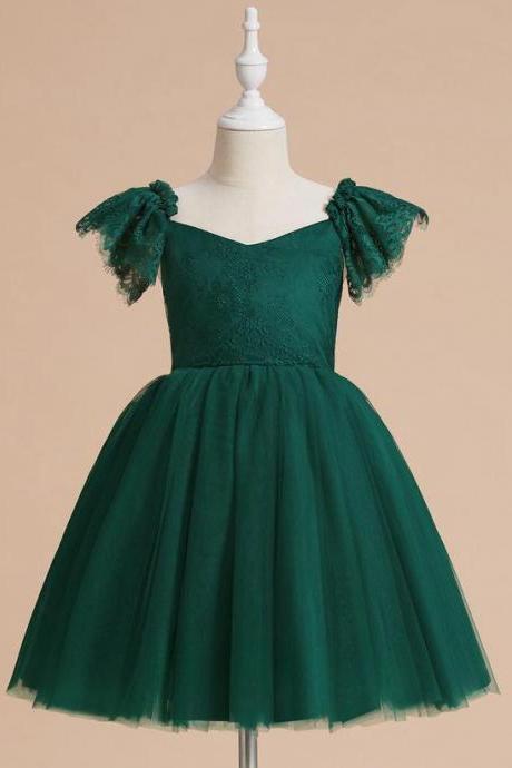 Dark Green A-line V-neck Knee-length Lace/tulle Flower Girl Dress