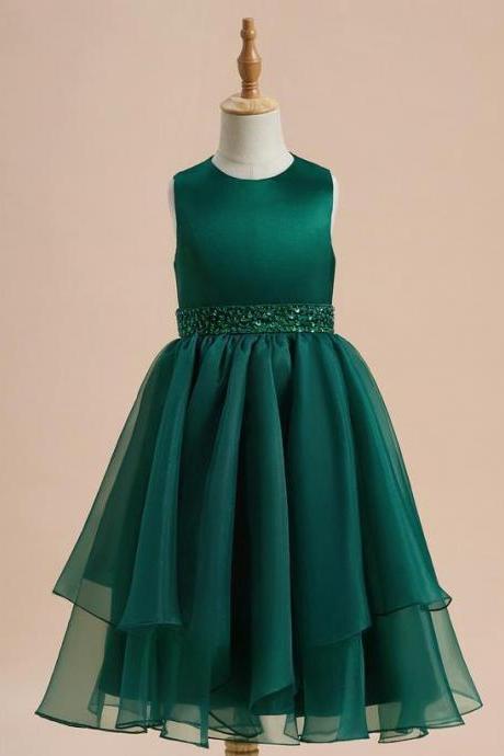 Dark Green A-line Scoop Tea-length Organza/satin Flower Girl Dress
