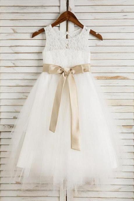 Ivory A-line Scoop Tea-length Lace/satin/tulle Flower Girl Dress