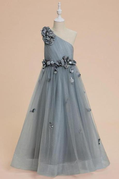 Dusty Blue A-line One Shoulder Floor-length Tulle Flower Girl Dress