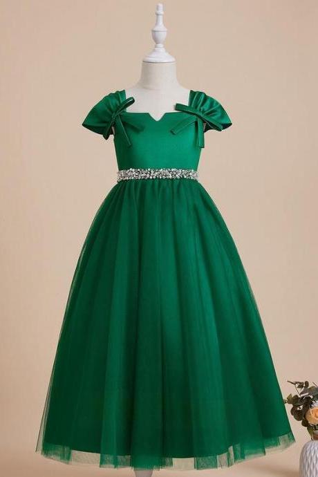 Dark Green Ball-gown/princess V-neck Ankle-length Satin/tulle Flower Girl Dress