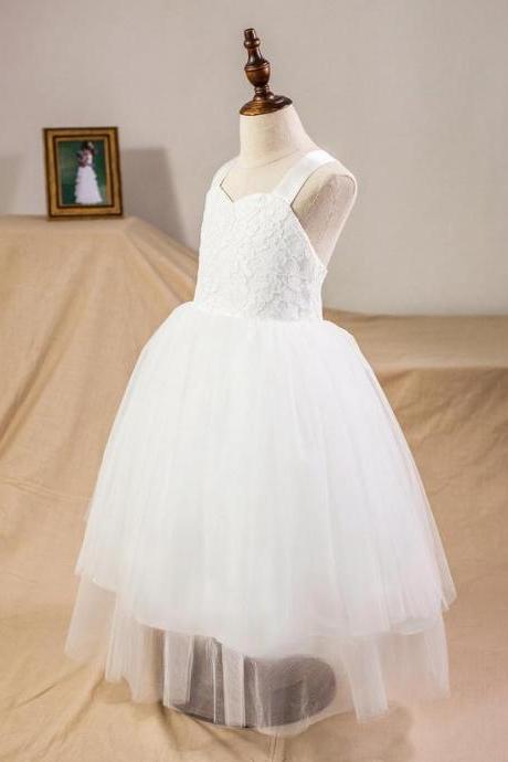 Ivory Ball-gown/princess Tea-length Lace/satin/tulle Flower Girl Dress