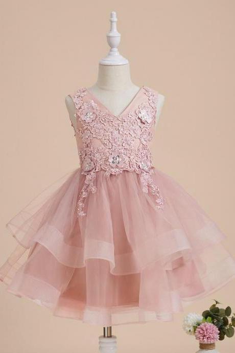 Dusty Rose A-line V-neck Knee-length Lace/tulle Flower Girl Dress