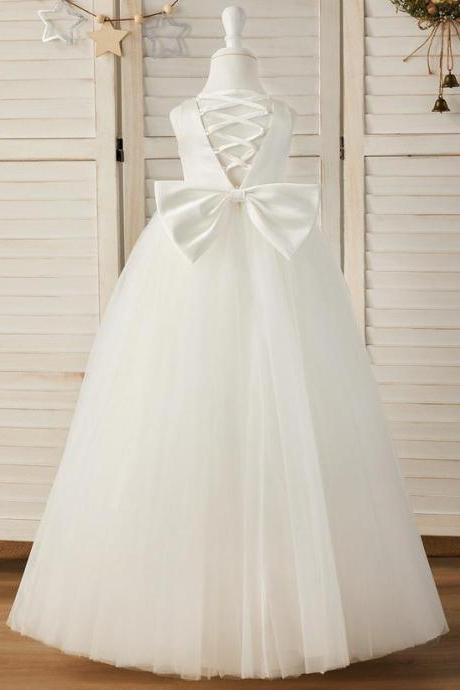 Ivory Ball-gown/princess Scoop Floor-length Satin Flower Girl Dress