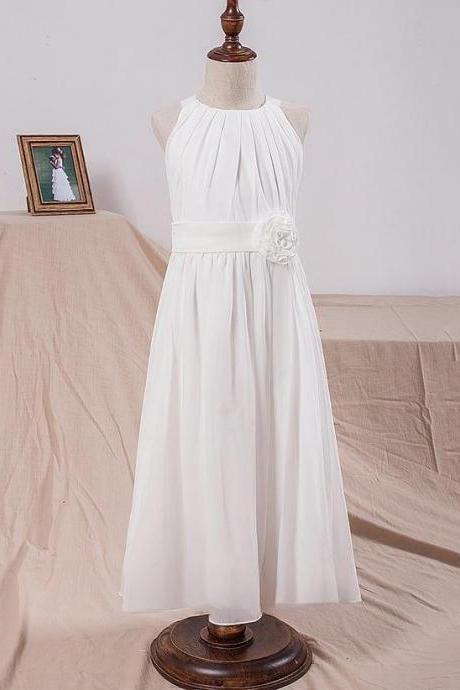 Ivory A-line Scoop Ankle-length Chiffon Flower Girl Dress