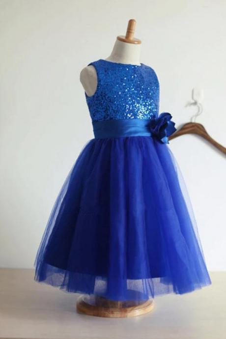 Blue A Line Floor Length Scoop Neck Sleeveless Sequins Flower Girl Dresses,baby Dresses,first Communion Dress