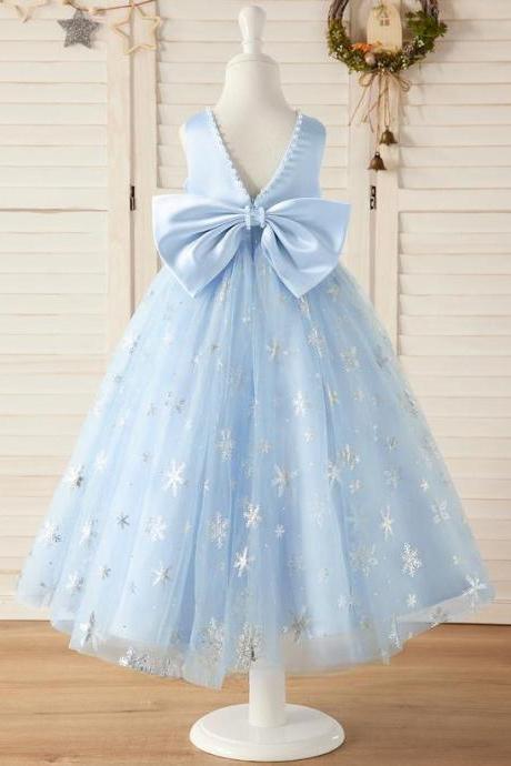 Sky Blue Ball-gown/princess Scoop Tea-length Lace/satin Flower Girl Dress