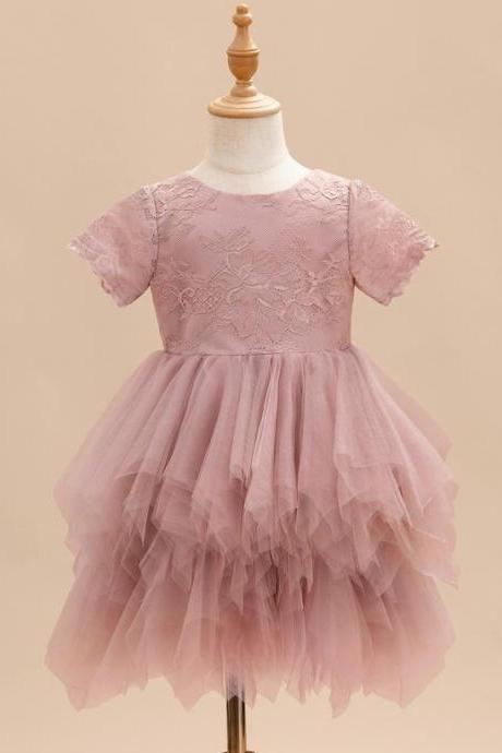 Dusty Rose Ball-gown/princess Scoop Knee-length Lace Flower Girl Dress
