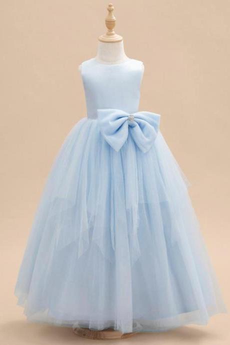 Sky Blue Ball-gown/princess Scoop Floor-length Satin/tulle Flower Girl Dress