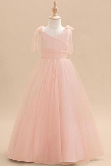 Pearl Pink A-line V-neck Floor-length Tulle Flower Girl Dress