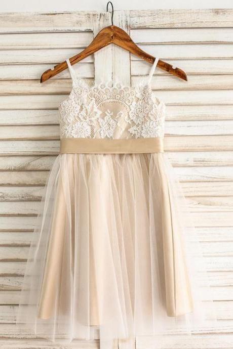 Champagne A-line Square Knee-length Lace Tulle Junior Bridesmaid Dress With Bow Sash
