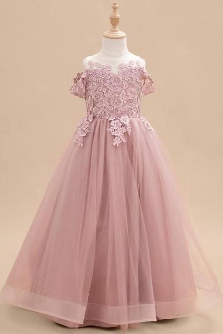 Dusty Rose A-line Cold Shoulder Floor-length Lace/tulle Flower Girl Dress