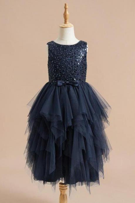 Dark Navy Ball-gown/princess Scoop Tea-length Tulle Flower Girl Dress