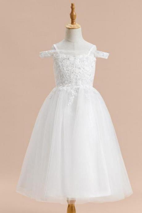 Ivory A-line Off The Shoulder Tea-length Lace/tulle Flower Girl Dress