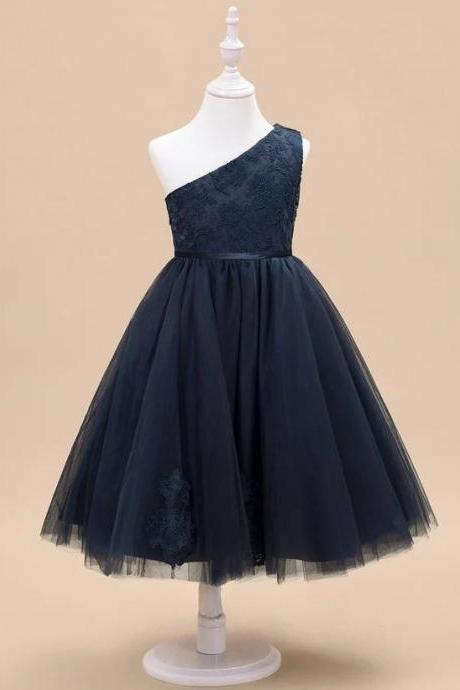 Dark Navy A-line One Shoulder Tea-length Lace/tulle Flower Girl Dress