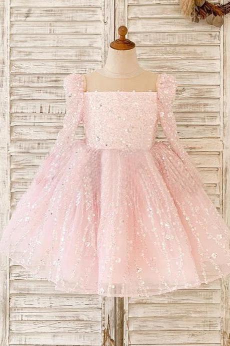 Girls Pink Sequined Tulle Princess Flower Girl Dress With Long Sleeves And Oversized Bow