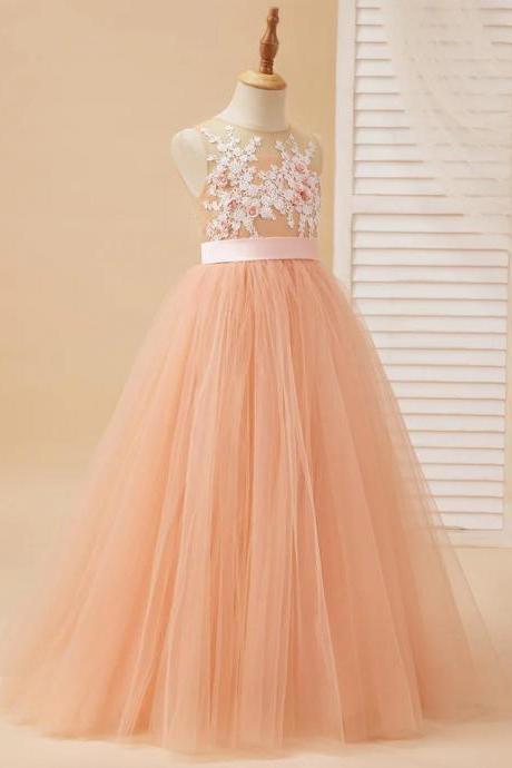 Ball-gown/princess Tulle Floor-length Pearl Pink Flower Girl Dress
