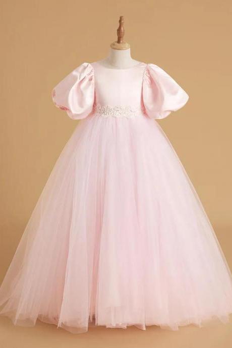 A-line Satin Tulle Sweep Train Pink Flower Girl Dress