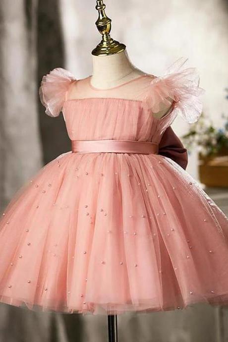 Ball-gown/princess Tulle Knee-length Pearl Pink Flower Girl Dress