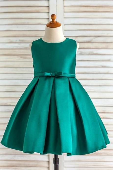 A-line Satin Knee-length Green Flower Girl Dress