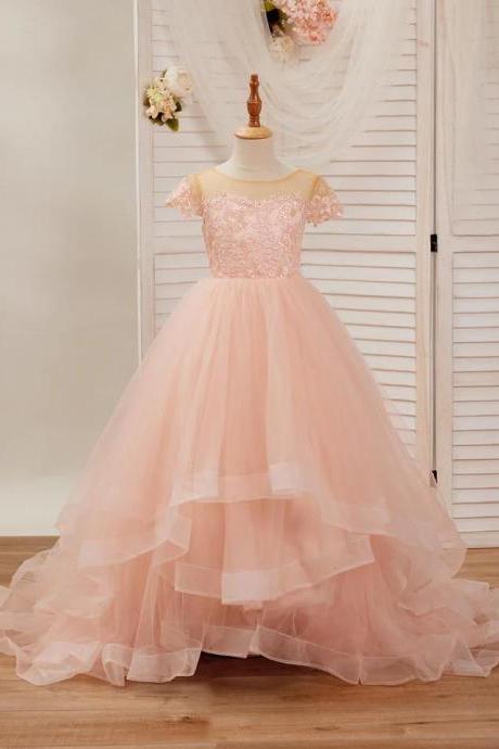 Ball-gown/princess Lace Tulle Sweep Train Pink Flower Girl Dress