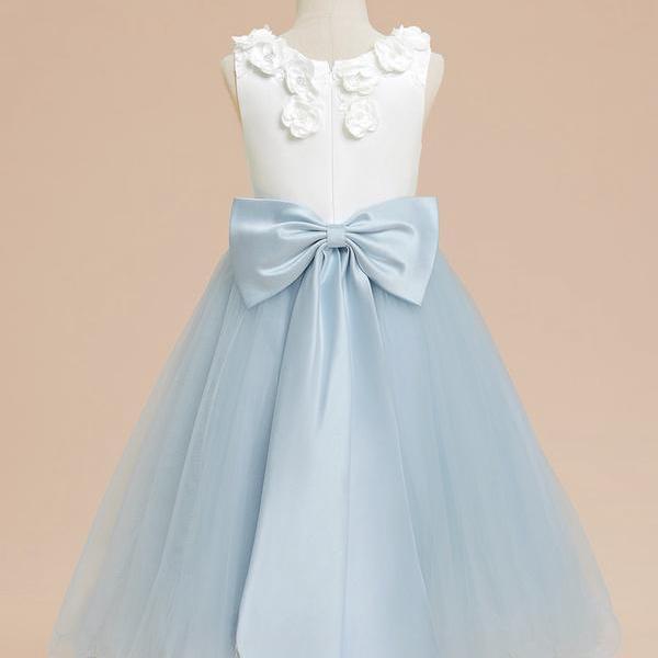 A-line Scoop Tea-Length Satin/Tulle Flower Girl Dress