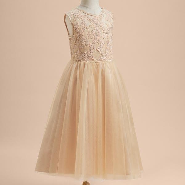 Champagne A-line Scoop Tea-Length Lace/Tulle Flower Girl Dress