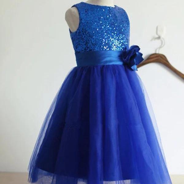 Blue A Line Floor Length Scoop Neck Sleeveless Sequins Flower Girl Dresses,Baby Dresses,First Communion Dress