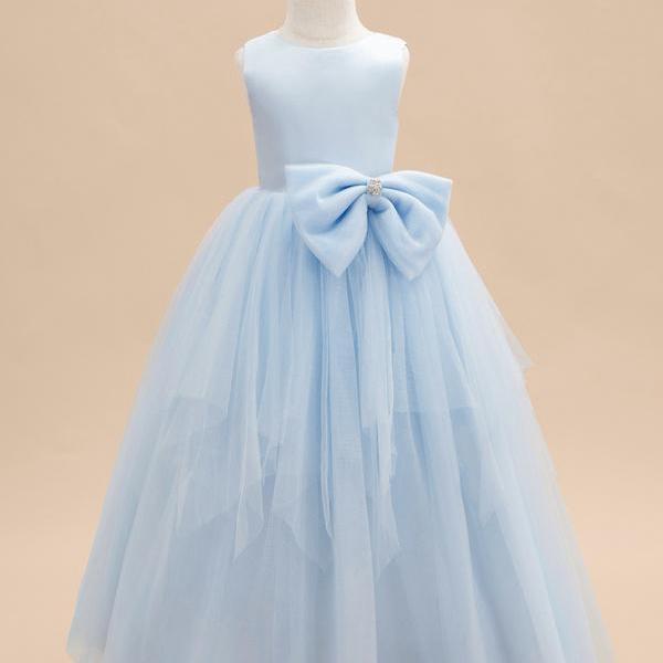 Sky Blue Ball-Gown/Princess Scoop Floor-Length Satin/Tulle Flower Girl Dress