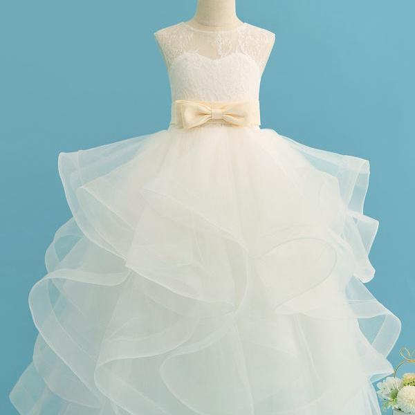 Ivory Ball-Gown/Princess Scoop Floor-Length Lace/Satin/Tulle Flower Girl Dress