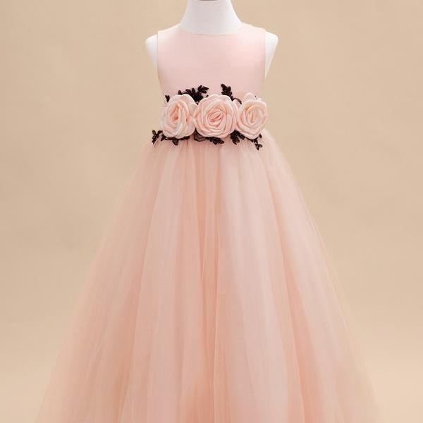 Pearl Pink A-line Scoop Floor-Length Satin/Tulle Flower Girl Dress