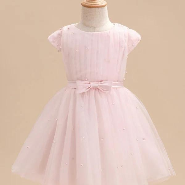 Blushing Pink A-line Scoop Knee-Length Flower Girl Dress