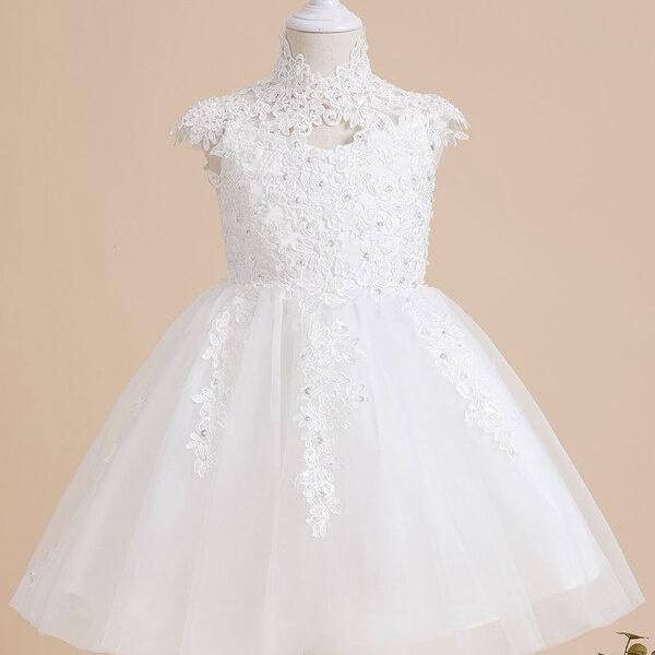Ivory A-line High Neck Knee-Length Lace/Tulle Flower Girl Dress