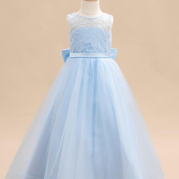 Sky Blue A-line Scoop Floor-Length Lace/Tulle Flower Girl Dress