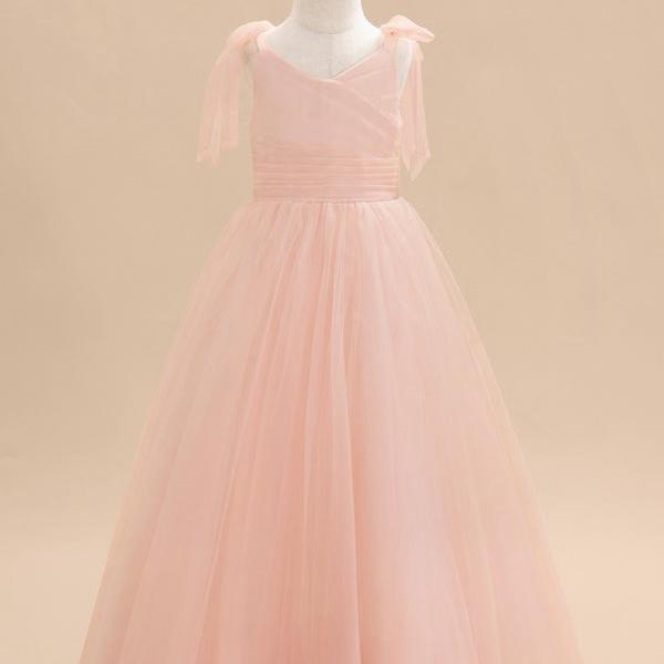 Pearl Pink A-line V-Neck Floor-Length Tulle Flower Girl Dress