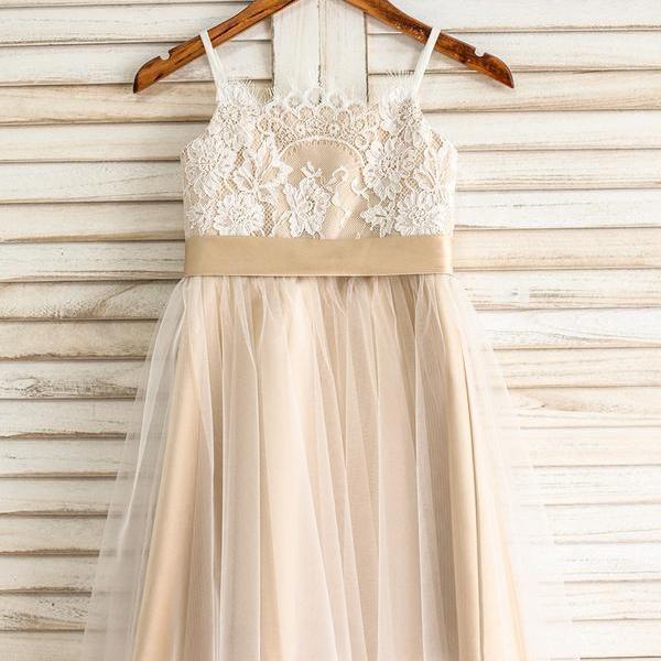 Champagne A-line Square Knee-Length Lace Tulle Junior Bridesmaid Dress With Bow Sash