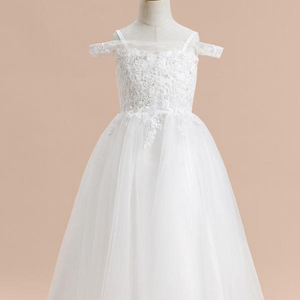 Ivory A-line Off the Shoulder Tea-Length Lace/Tulle Flower Girl Dress