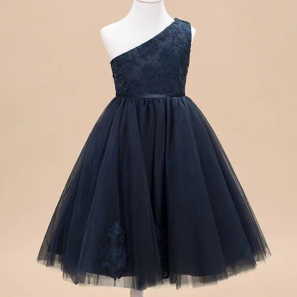 Dark Navy A-line One Shoulder Tea-Length Lace/Tulle Flower Girl Dress