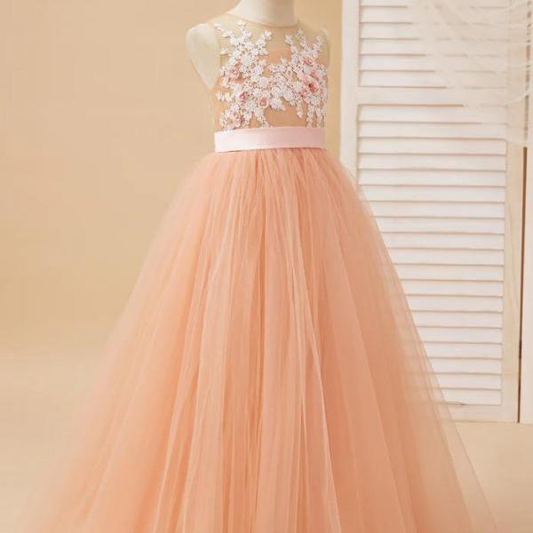 Ball-Gown/Princess Tulle Floor-length Pearl Pink Flower Girl Dress