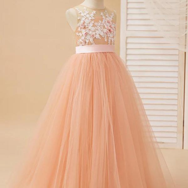 Fluffy, Floor-Length, Layered Pink Princess Ball Gown for Girls main image 1