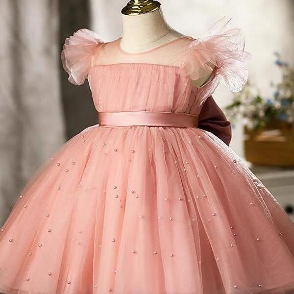 Ball-Gown/Princess Tulle Knee-length Pearl Pink Flower Girl Dress