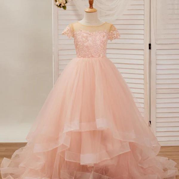 Ball-Gown/Princess Lace Tulle Sweep Train Pink Flower Girl Dress