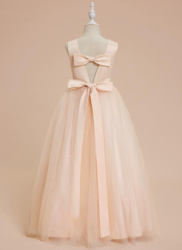 Unique A Line Satin Tulle Short Sleeves Flower Girl Dress