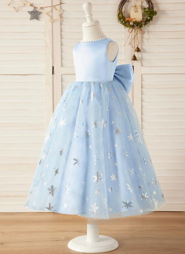 Ball-Gown/Princess Scoop Floor-Length Flower Girl Dress Dusty Blue