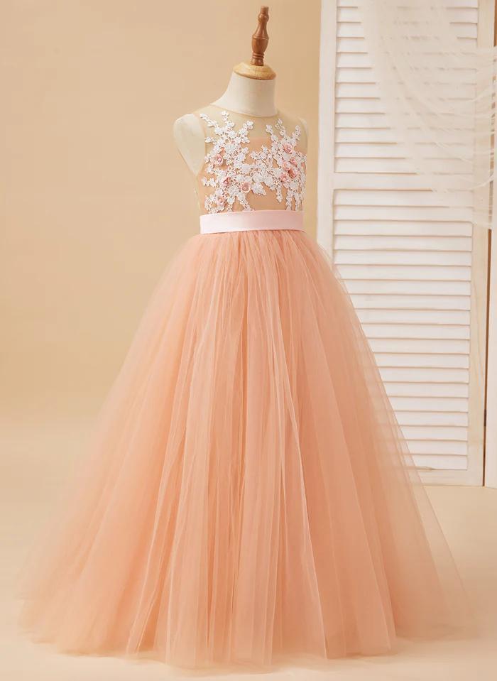 Princess Style Light Pink Tea-Length Ball Gown with Floral Embellishments main image 1